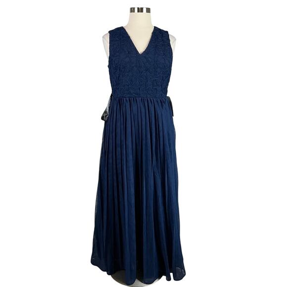 JS Collections Women's Formal Dress Size 14 Blue Lace Chiffon Pleated Long Gown - Picture 1 of 12